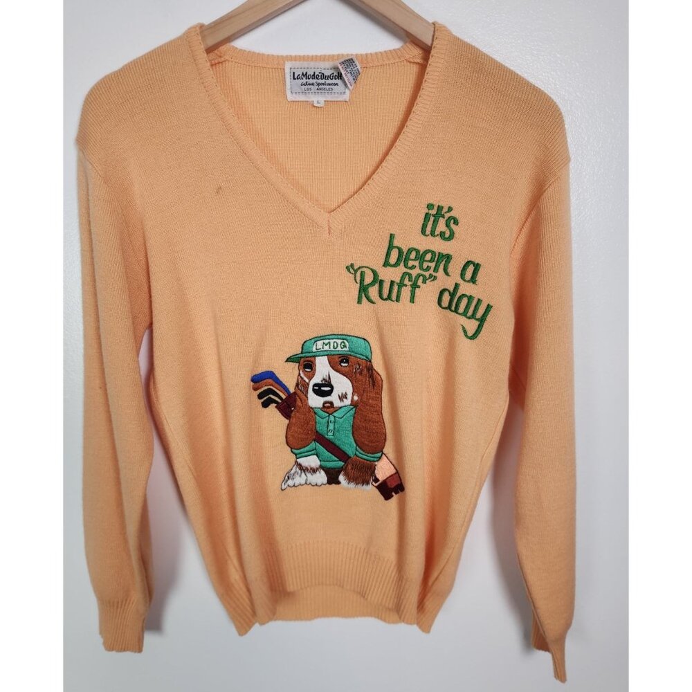 Vintage Lamode Dugolf Women's Sz. L Peach Dog Golf V Neck Sweater